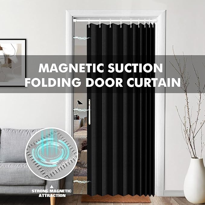 Jilron 100% Blackout Fabric Folding Door Curtain with Magnetic Closure - Accordion Style for Sliding Doors, Closets,Wardrobe and Temporary Door Solutions Doorway Curtains（W42 x L78, Black，1 Panel）