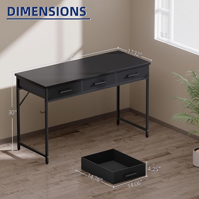 Pamray 47 Inch Small Computer Desk with 3 Drawers for Bedroom Study Writing Home Office Table for Small Spaces Red
