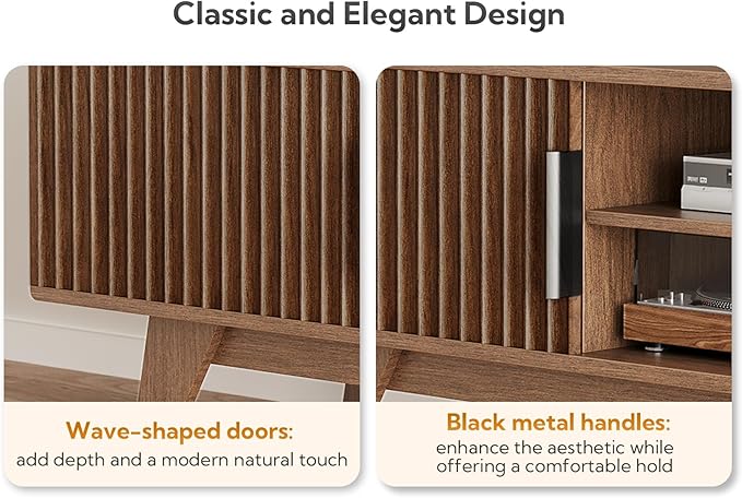 Claiks Mid-Century Modern TV Stand for 75 inch TV, Wood Fluted TV Stand with Storage and Adjustable Shelves, Low Profile TV Console for Living Room, Walnut