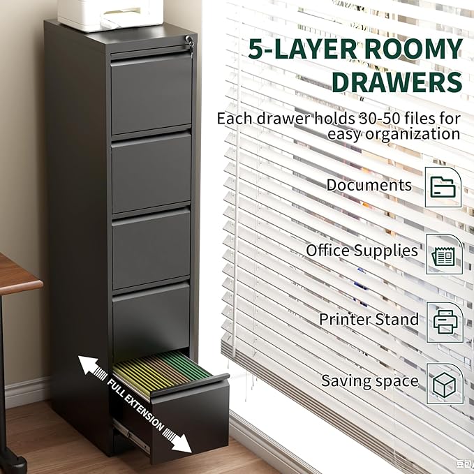 5 Drawer File Cabinet with Lock, Metal Vertical File Cabinets for Home Office, Office Furniture for Organization Hanging Legal/Letter/A4, Office File Cabinet Storage Cabinet, Require Assembly, Black