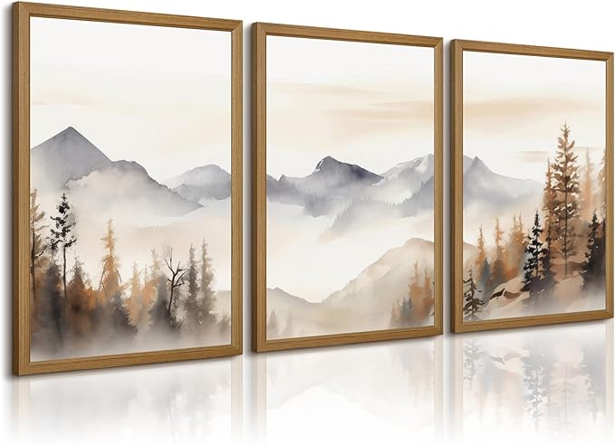 Neutral Mountain Wall Art Decor Set of 3 Forest Canvas Wall Art Poster Landscape Wall Art Artwork Modern Pictures Abstract Painting Watercolor Prints for Living Room Bedroom 16x24 Inch Framed
