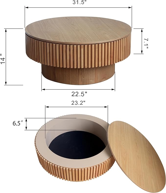 31.5''Round Coffee Table with Storage, Modern Luxury Circle Drum Center Tables with Solid Wood Veneered, Accent Side Coffee Table for Living Room, Bedroom, Apartment-Natural