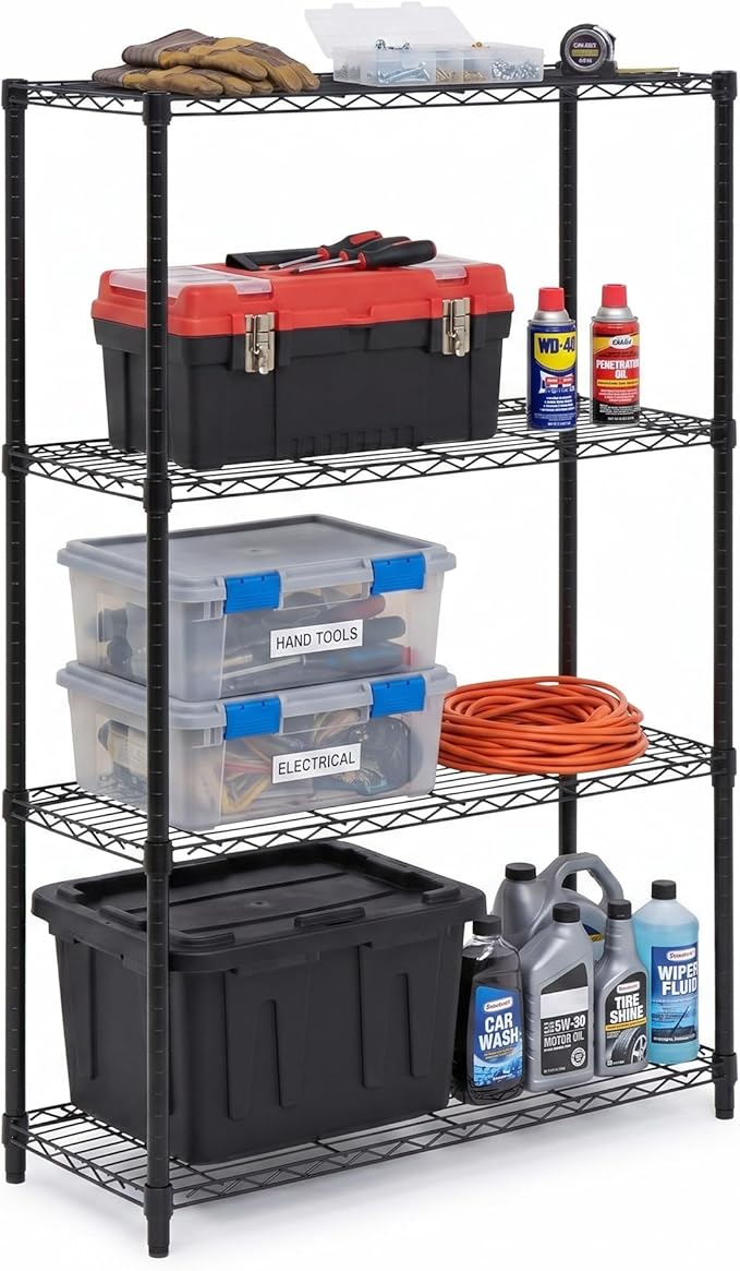 Honey-Can-Do 4-Tier Heavy-Duty Adjustable Shelves, Metal Storage Rack with 250-lb Shelf Capacity, Black, 14" W x 36" L x 54" H
