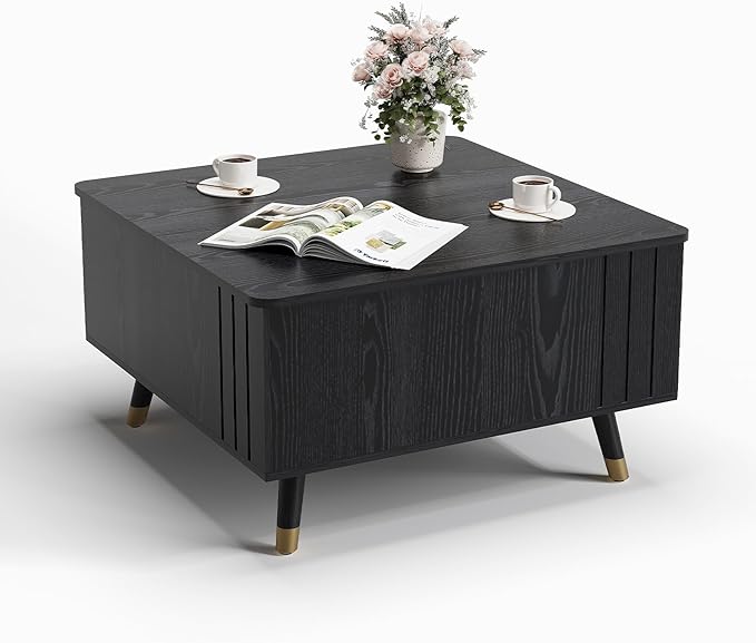 JOINICE 32" Square Lift Top Coffee Table with Storage, Modern Black Center Table for Living Room, Minimalist Wood Cocktail Table with Rising Desktop, Home Office