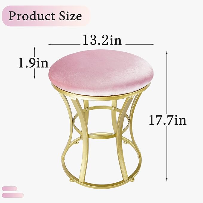 Velvet Round Vanity Stool,Pink Velvet Footrest Ottoman Foot Stool Seat with Golden Metal Legs,Makeup Chair for Bathroom Vanity,Bedroom,Living Room