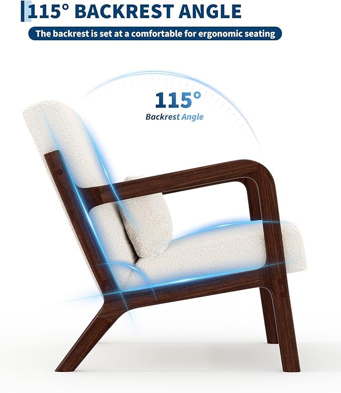 Garvee Mid-Century Modern Accent Chair, Sherpa Upholstery, Solid Wood Armchair with Removable Lumbar Pillow, Sturdy Reading Chair for Living Room, Bedroom, Guest Room, Easy Assembly, Beige