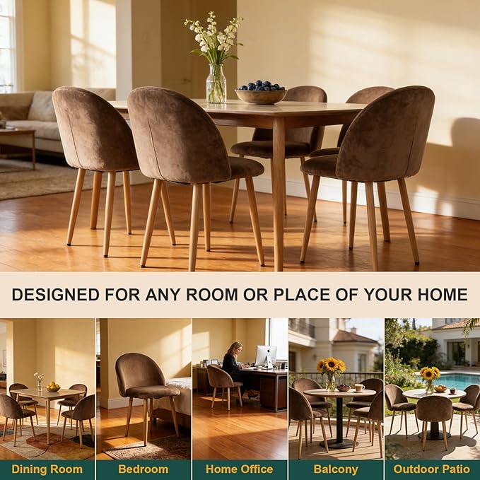 Dining Chairs Set of 2, Velvet Comfortable Seats, Mid-Century Modern Living Room Chairs, Upholstered Kitchen Chairs with Wooden Legs and Padded Seat for Bedroom Office Easy Assembly, Brown