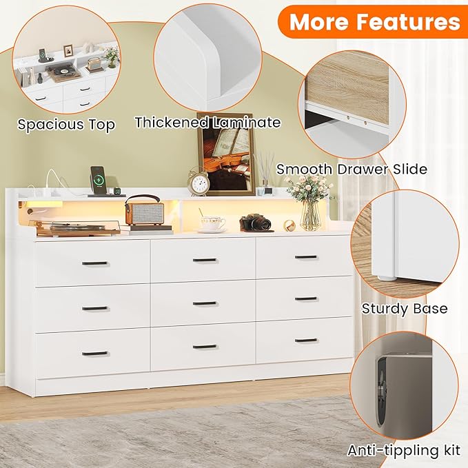Bigbiglife 9 Drawer Dresser with Built in Power Outlet and LED Light, Modern Chest of Drawers for Bedroom, Triple Wide Drawer Organizer Cabinet for Living Room, Entryway, Hallway, Antique White
