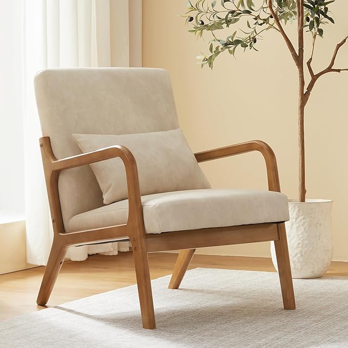 Achicsofar Accent Chair Mid Century Modern Armchair with Lumbar Support Pillow Wood Legs PU Leather Upholstered Lounge Chairs Comfy High Back Cushion for Living Room Bedroom