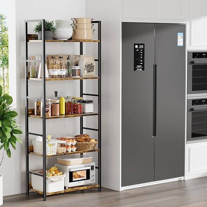 Ekisemio Bookshelf, 5 Tier Industrial Bookcase, Vertical Tall Bookshelf, Wood and Black Metal Open Shelves, Farmhouse Storage Rack for Living Room, Home Office, Bedroom, Rustic Brown