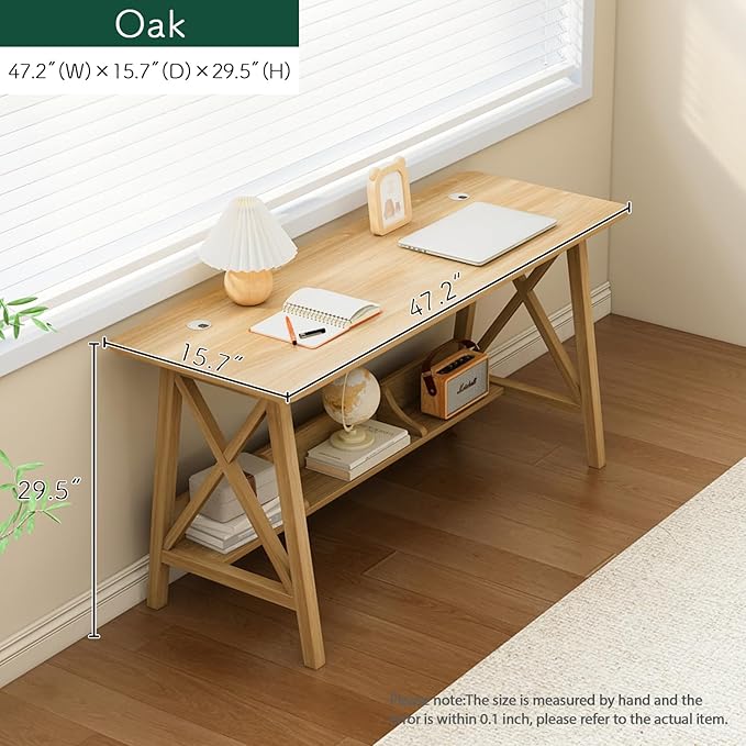 NELYE Extra Long Desk with Bookshelf - Wooden Home Office Work Study Table, Writing Computer Workstation with Storage Shelf in Oak, 47" Wx16 Dx30 H