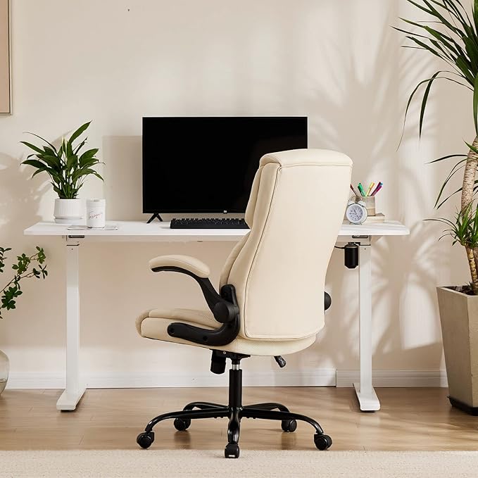 Sweetcrispy Ergonomic Computer Gaming Office Chair Set of 2, Heavy Duty Task Desk Swivel Rolling Chairs with Wheels, Flip-up Arms, Adjustable Height, PU Leather,Cream White