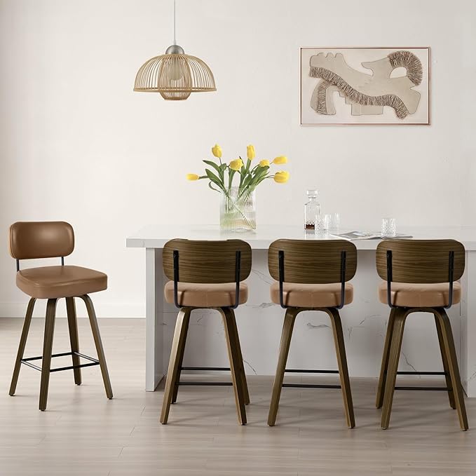 Bekrvio Swivel Counter Height Bar Stools Set of 4, 26" Upholstered Faux Leather Barstools with Back and Bent Wood Legs, Mid Century Modern Bar Chair Island Stool for Kitchen Counter, Brown