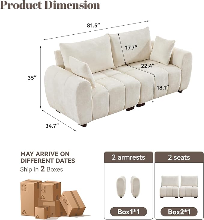 81.5" Chenille Love Seat Sofa, 2 Seater Modular Sectional Couch with Deep Seat, Solid Wood Legs, Cloud Couch for Bedroom, Living Room, Mid Century Modern Loveseat, Tufted Sofa, Beige