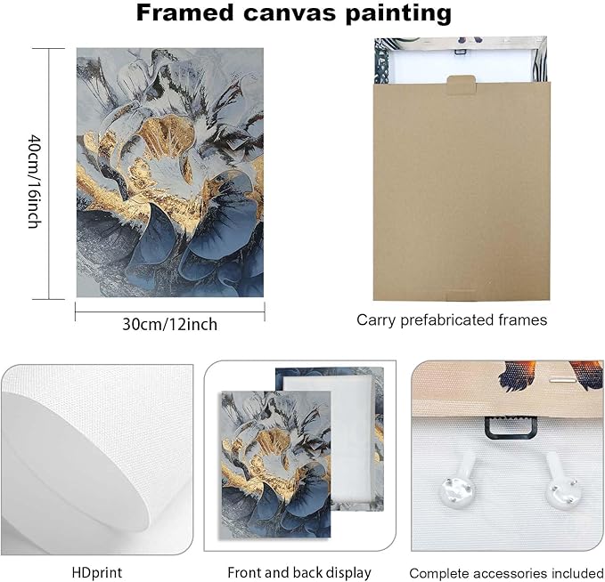 3 Piece Wall Art Framed Canvas Wall Art Blue and Gold Butterfly and Flower Pictures Wall Decor for Living Room Bedroom Bathroom Office – Ready to Hang with Hooks and Nails, 12x16 Inch