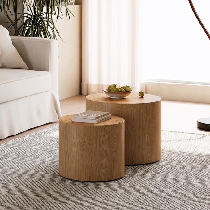 WILLIAMSPACE 18.9" Round Nesting Coffee Table Set of 2, Modern Wooden Coffee Tables Small Circle Center Table for Living Room, Accent End Table Set, No Assembling (Natural Wood)
