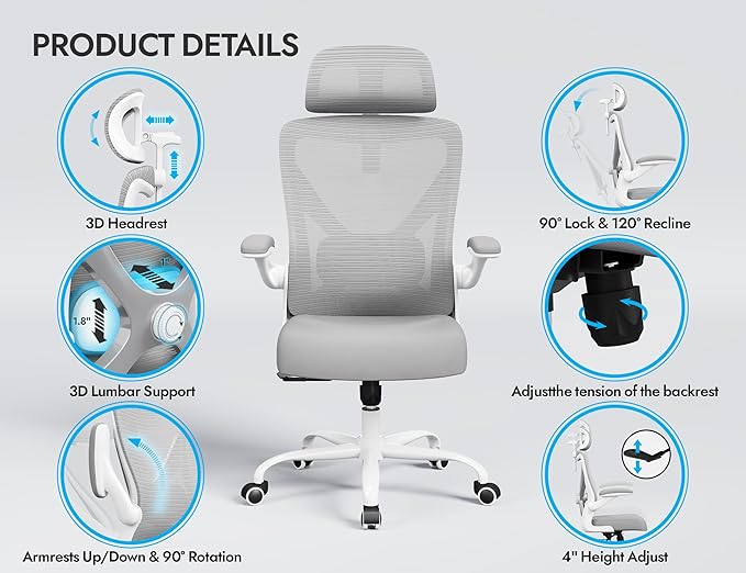 Ergalithic Ergonomic Office Chair - Computer Desk Chairs Comfy, Mesh High-Back Gaming Chair with Adjustable Lumbar Support, Executive Task Chair for Adults, Comfortable for Long Hours (Grey Silver)