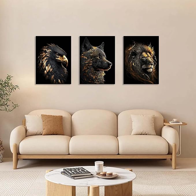 3 Piece Framed Canvas Wall Art, Modern Black and Gold Animal Canvas Wall Decor with Eagle Wolf and Lion, Set of 3 Wall Art for Living Room Bedroom Office Gaming Room, 12x16 Inch