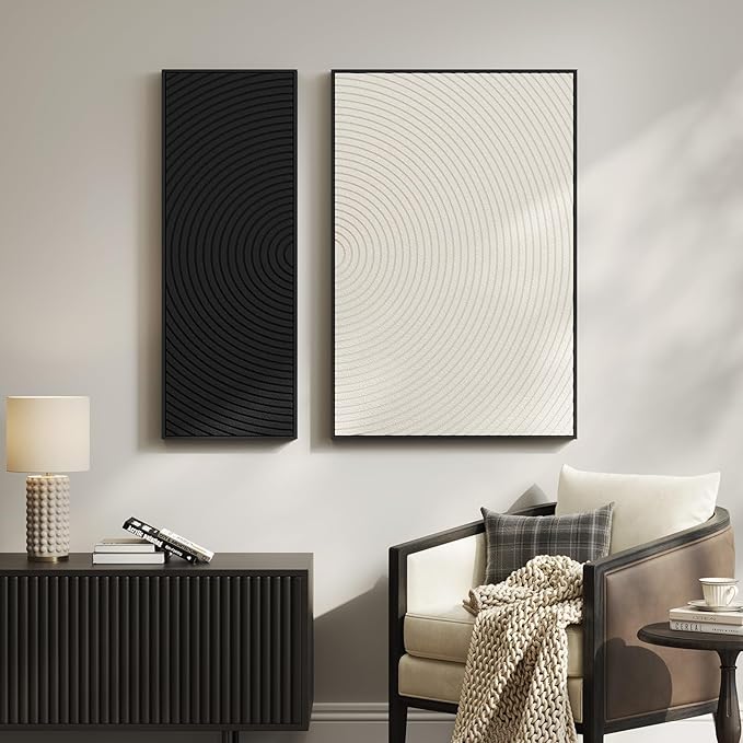 Framed 3D Textured Black and White Abstract Wall Art, 2 Piece Modern Minimalist Paintings Artwork for Walls, Black White Geometric Line Pictures for Living Room Bedroom Hallway Office Wall Decor