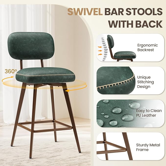 MALOL 26“ PU Leather Swivel Bar Stools Set of 4, Mid Century Counter Height Bar Chairs with Low Back and Metal Legs, Modern Bar Stool Chair for Kitchen Island, Green