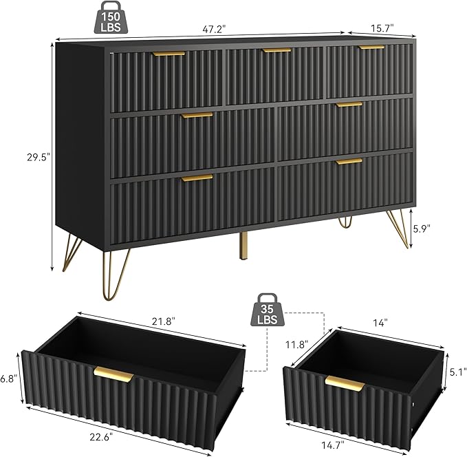 Black Dresser for Bedroom, 7 Drawers Dresser with Golden Handles, Modern Wood Chest for Living Room, Hallway, Entryway