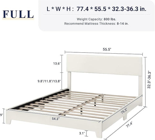 Allewie Full Size Bed Frame with Adjustable Headboard, Faux Leather Platform Bed with Wood Slats, Heavy Duty Mattress Foundation, No Box Spring Needed, Noise-Free, Easy Assembly, White