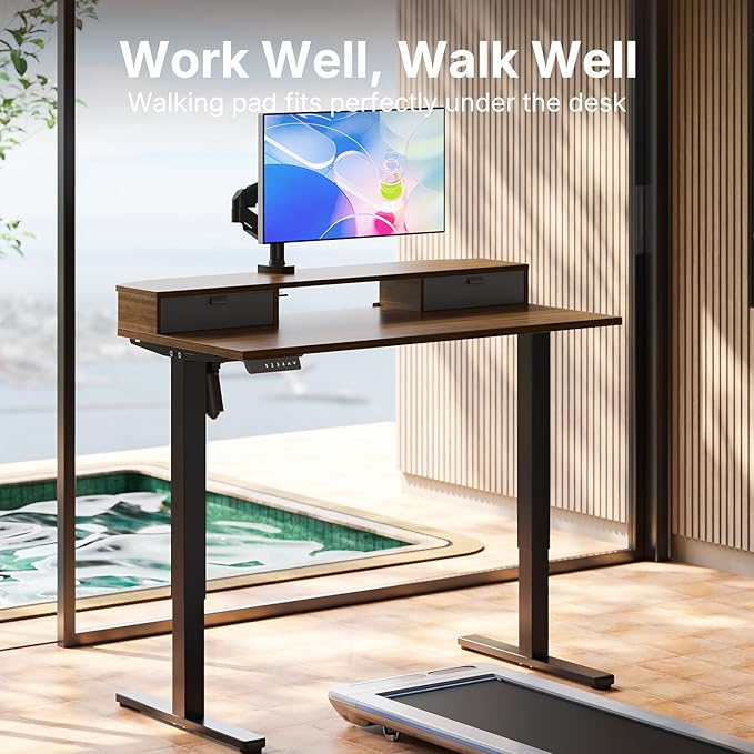 HUANUO 40 x 24 inch Small Electric Standing Desk with 2 Drawers, C-Clamp Mount Compatible, Height Adjustable Sit Stand Desk, Home Office Stand Up Desk with 4 Memory Height Settings, Walnut