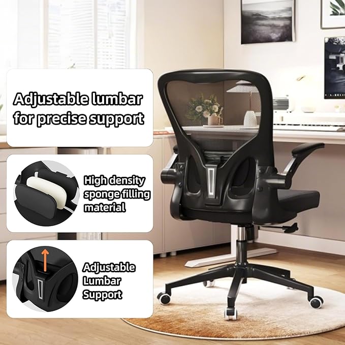 Ergonomic Office Chair, High-Back Mesh Computer Desk Chair with Adjustable Height, Lumbar Support, Flip-Up Armrests,and Swivel Rolling Design for Home and Office Use
