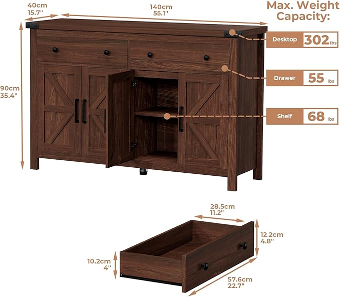 VVFLU Buffet Cabinet with Storage Farmhouse with 4 Doors and 2 Drawers, 55'' Large Kitchen Storage Cabinet Cherry Wood Coffee Bar Buffet Sideboard for Kitchen, Dining Room, Living Room