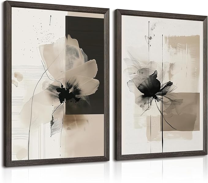 Tocliky Modern Abstract Floral Wall Art Minimalist Neutral Canvas Painting Decor Beige Cream And Black Wall Art Contemporary Flower Picture Prints for Living Room Bedroom 12x16 Inch Framed Set of 2