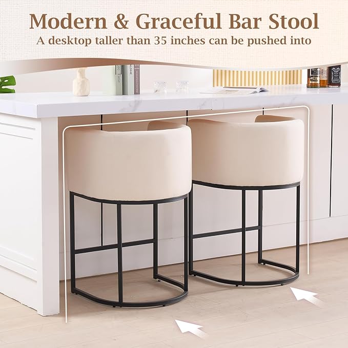 ClinQ 26" H Counter Height Bar Stools Set of 1, Modern Barrel Counter Stools with Backrest and Arms, Black Metal Frames, Linen Fabric Upholstered Accent Barstools for Kitchen Island, Beige