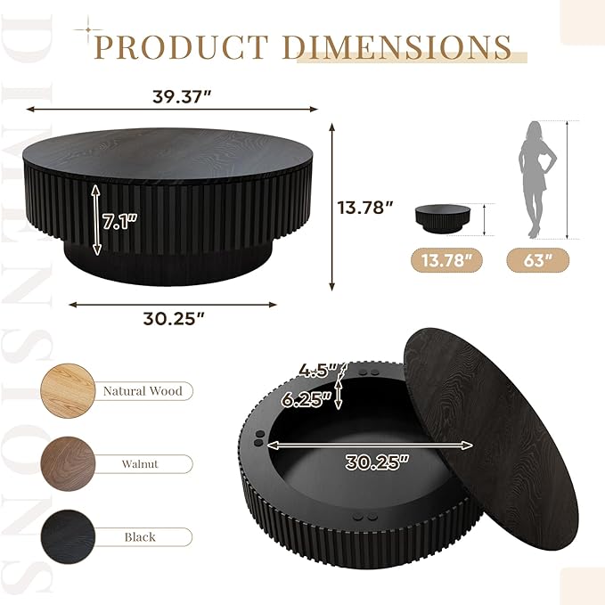 39.37'' Round Coffee Table with Storage, Modern Fluted Circle Coffee Table Unique Drum Low Center Tea Table with Solid Wood Veneered for Living Room Small Space, Mesas De Centro para Sala, Black