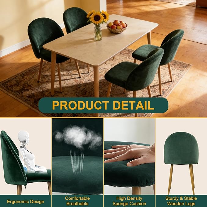Dining Chairs Set of 2, Velvet Comfortable Seats, Mid-Century Modern Living Room Chairs, Upholstered Kitchen Chairs with Wooden Legs and Padded Seat for Bedroom Office Easy Assembly, Green