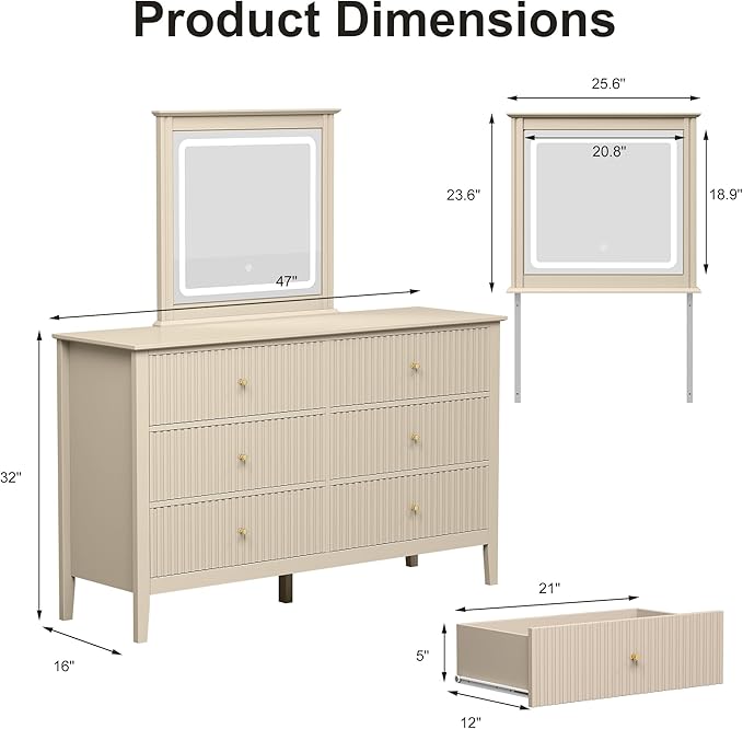 RoyalCraft 6 Drawer Dresser with Lighted Mirror, Beige Fluted Modern Wood Chest of Drawers, Long Dresser for Bedroom Storage