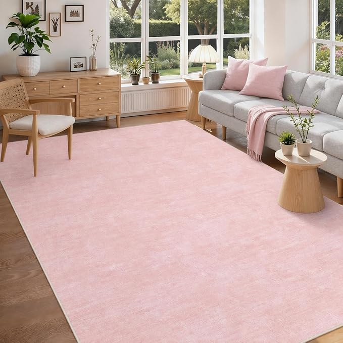 Living Room Area Rug 9x12 Machine Washable Rug Non-Slip Stain Resistant Modern Abstract Bedroom Rug Contemporary Throw Floor Carpet for Dining Room Solid Area Rug for Home Office, Pink