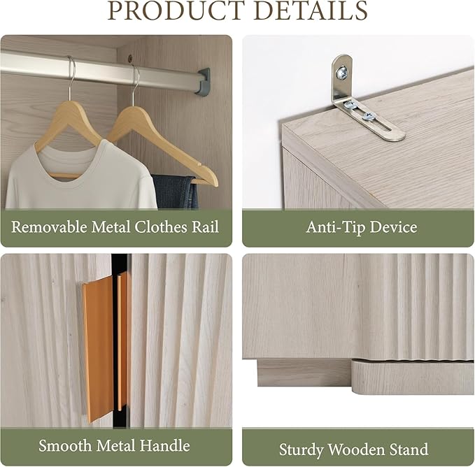 Brafab 67" Fluted Armoire Wardrobe Closet Set of 2 with Drawers and Doors, Wooden Wardrobe Cabinet with Adjustable Shelves, Modern Storage for Clothes, Coats for Bedroom,White(2 pcs)