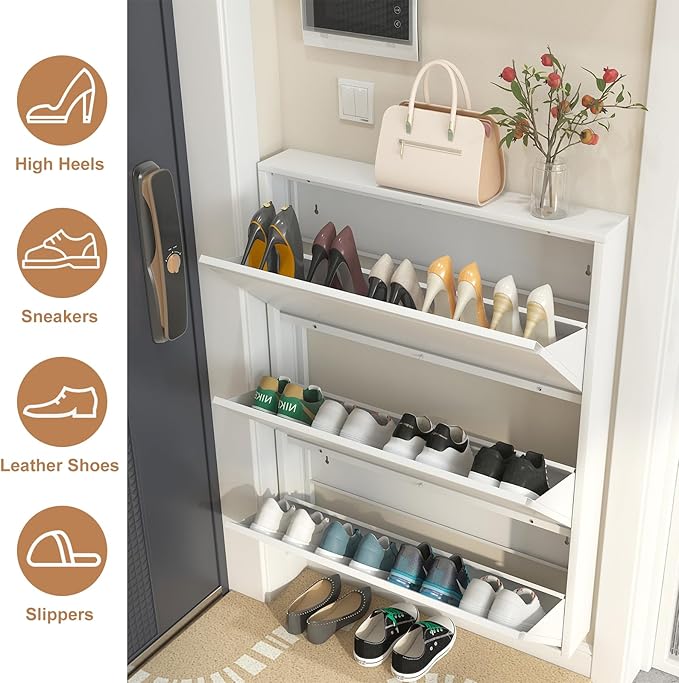 LUCYPAL Shoe Cabinet Storage for Entryway,Slim Wall Mounted Shoe Cabinet with 3 Flip Drawers Narrow Shoe Organizer for Entryway, Hallway, Living Room,White