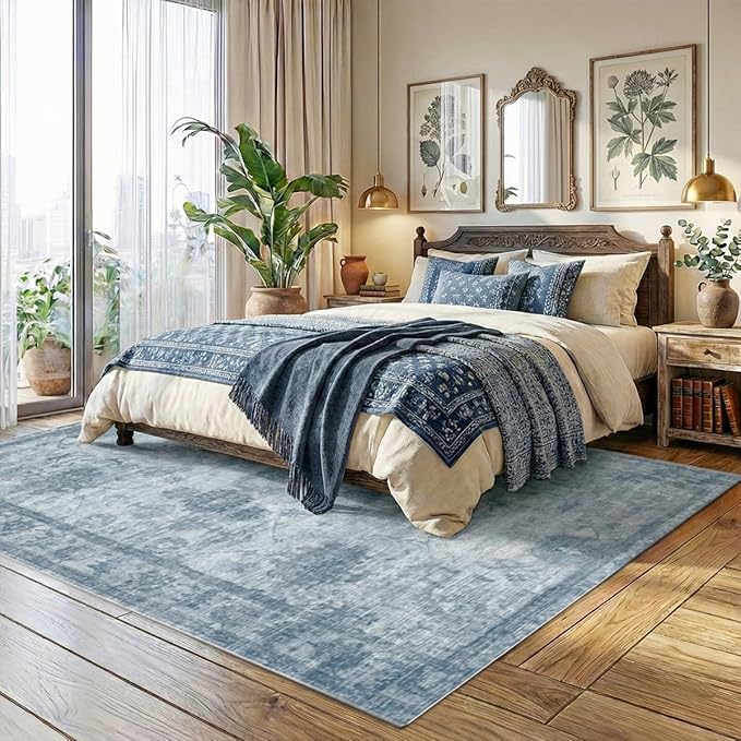 Homemate Washable Rug 8x10 Area Rugs - Vintage Faux Wool Rugs for Living Room Bedroom Dining Room - Non Slip Foldable Carpet Indoor Area Rug for Home Decor（8'x10', Blue