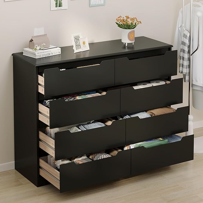 Gizoon 8 Drawer Dresser, 47" Wide Black Dresser for Bedroom with Cut-Out Handles, Modern Wooden Chest of Drawers with Anti-Tip Kit, for Living Room, Hallway, Entryway, Home Office