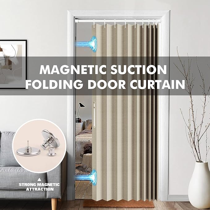 Jilron 100% Blackout Fabric Folding Door Curtain with Magnetic Closure - Accordion Style for Sliding Doors, Closets,Wardrobe and Temporary Door Solutions Doorway Curtains（W42 x L78, Beige 1 Panel）