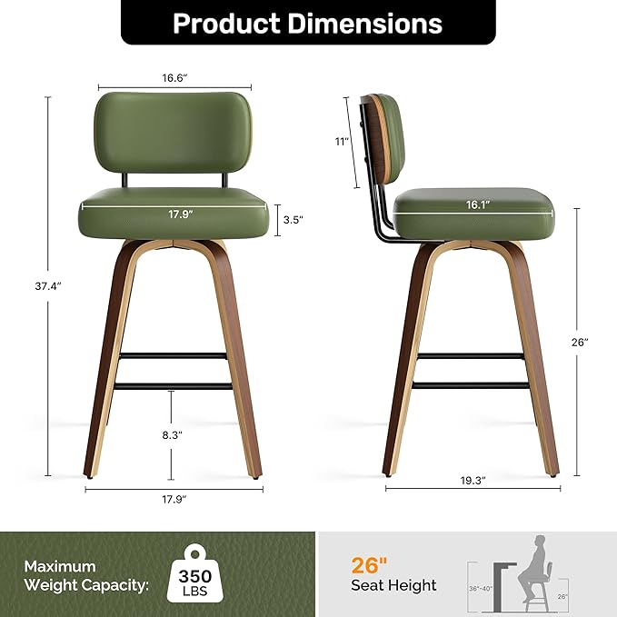 Swivel Bar Stools Set of 4, 26" Upholstered Faux Leather Counter Height Barstools with Walnut Back & Bentwood Legs, Mid Century Modern Bar Chairs Island Stools for Kitchen Counter, Green