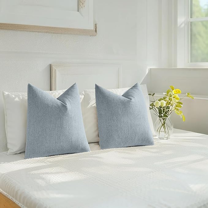 HAUSSY Denim Blue Throw Pillow Covers 20x20 Inch Set of 2,Boho Decorative Faux Linen Throw Pillows Cozy Farmhouse Accent Cushion Covers,Home Decor for Couch Sofa Bed Living Room
