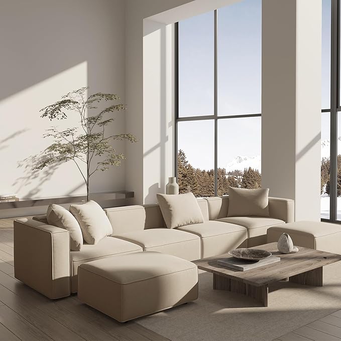 Acanva Luxury Modular Sectional Living Room Sofa Set, Modern Minimalist Style Couch with Ottoman and Chaise, U-Shape, Linen-Like Cream