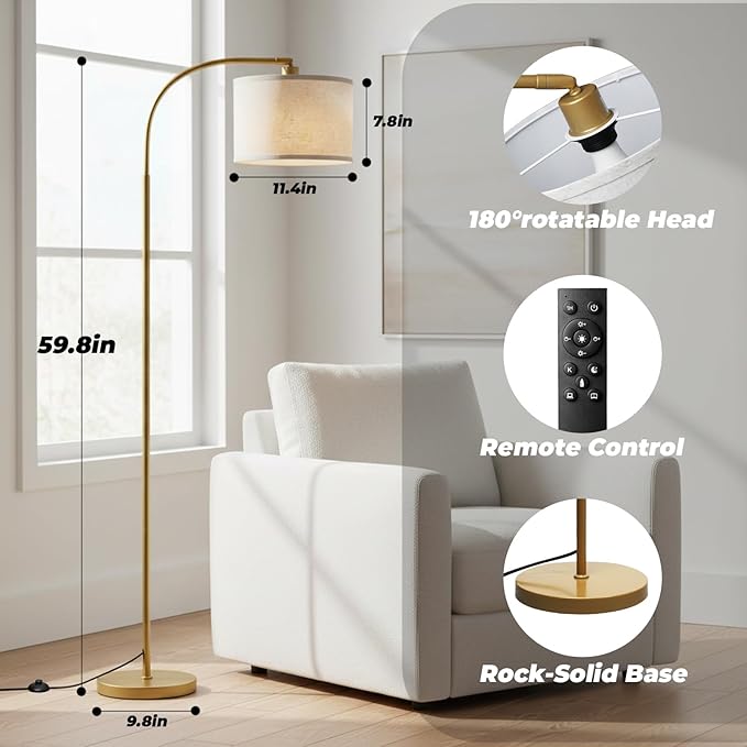 LALISU Arc Floor Lamps for Living Room, Modern Standing Lamp with Remote Dimmable Floor Lamp with Linen Shade, Tall Lamp for Bedroom Office Dining Room (Gold)