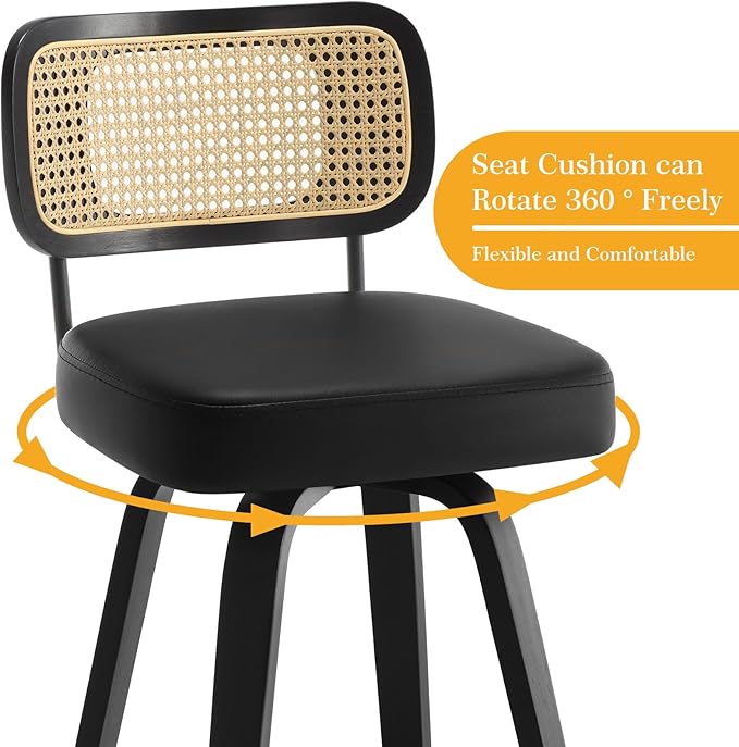 Bekrvio Swivel Bar Height Stools Set of 4, Upholstered Faux Leather Barstools with Rattan Back, 29" Seat Height Tall Bar Stools for Kitchen Counter, Black Wood Frame, Black
