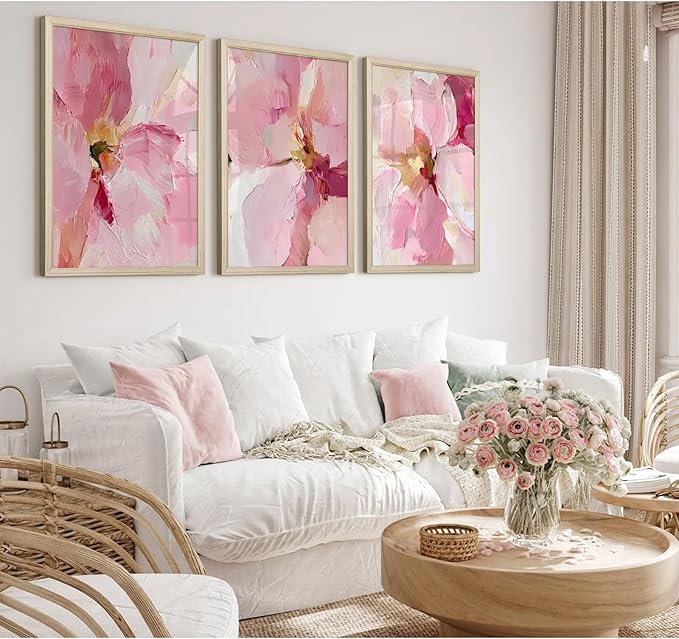 Abstract Floral Wall Art Pink Flower Canvas Pictures Modern Wall Decor Blush Pastel Pink Prints Peony Painting Minimalist Poster Botanical Artwork for Bedroom Living Room 24x36x3 Inch Wood Framed