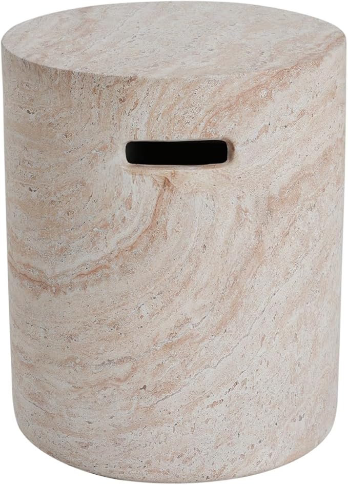 KEVINSPACE Small Side Coffee Table Outdoor MGO Round End Living Room Accent Sofa Bedside Couch Table with Cutout Handle Bedroom Apartment Indoor 15.5" W x18.5 H Beige Concrete