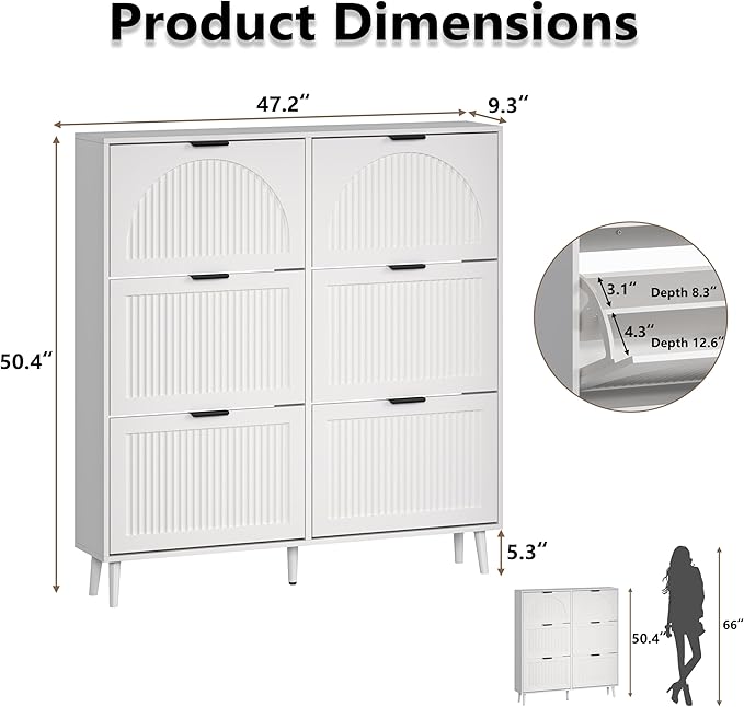 BORNOON Shoe Cabinet for Entryway with 6 Flip Drawers, Slim Wooden Shoe Storage Organizer with Modern Fluted Pannel，Freestanding Narrow Hidden Shoe Rack for Hallway, Foyer, Living Room