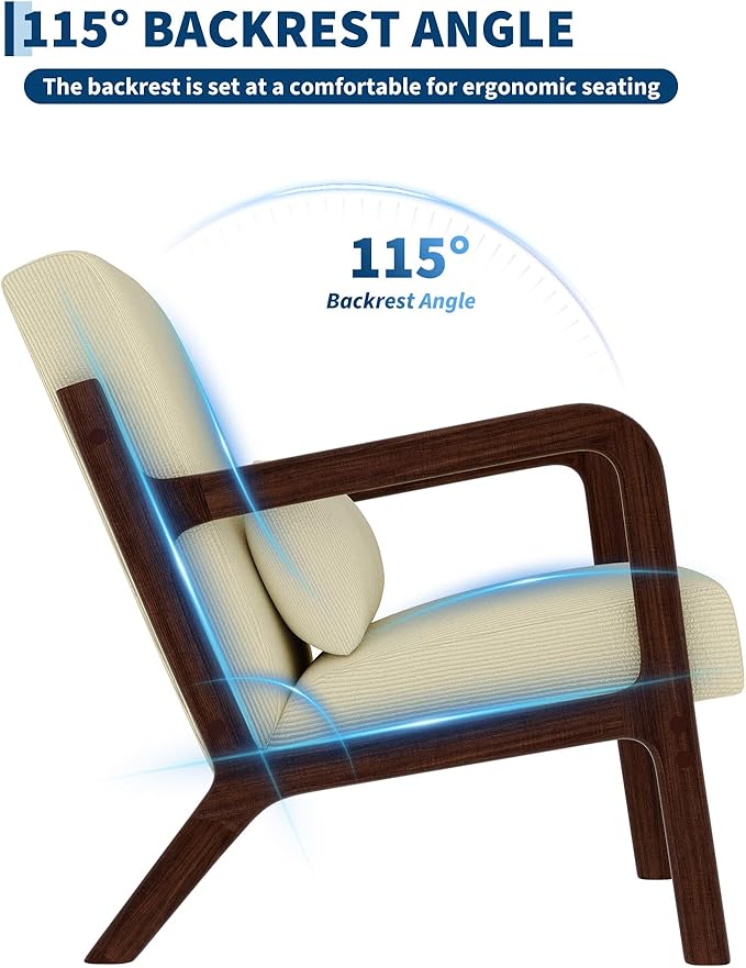 Garvee Mid-Century Modern Accent Chair, Fine Wale Corduroy Upholstery, Solid Wood Armchair with Removable Lumbar Pillow, Sturdy Reading Chair for Living Room, Bedroom, Guest Room, Easy Assembly, Beige