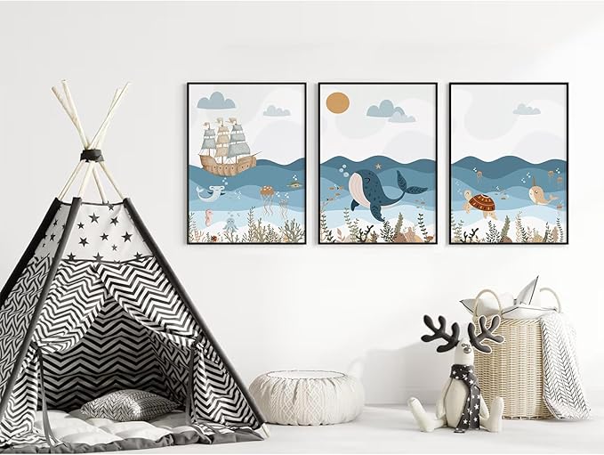 Ocean Nursery Wall Art Pictures Blue Nautical Canvas Art Beach Animal Wall Decor Baby Boys Room Wall Art Sea Whale Prints Ocean Nautical Poster for Nursery Baby Room 16x24 Inch Set of 3 Unframed